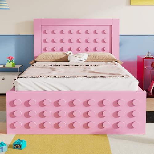 Holzbett Einzelbett 90x190 cm, Kinderbett Jugendbett mit Kreativem Block Design und Schubladen, Massivholz Bettgestell mit Lattenrost und Unterm Bett Stauraum, Stauraumbett, Ohne Matratze, Rosa Holzbett Einzelbett 90x190 cm, Kinderbett Jugendbett mit Kreativem Block Design und Schubladen, Massivholz Bettgestell mit Lattenrost und Unterm Bett Stauraum, Stauraumbett, Ohne Matratze, Rosa von Jovify
