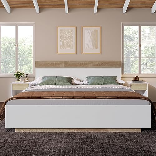 Jovify Doppelbett 160x200 cm, Holzbett Schwebebett mit Kopfteil und Lattenrost, Stabiler Bettrahmen Erwachsene Floating Bed Frame Jugendbett Rückenlehne Bettgestell, Ohne Matratze, Weiß+Eiche Jovify Doppelbett 160x200 cm, Holzbett Schwebebett mit Kopfteil und Lattenrost, Stabiler Bettrahmen Erwachsene Floating Bed Frame Jugendbett Rückenlehne Bettgestell, Ohne Matratze, Weiß+Eiche von Jovify