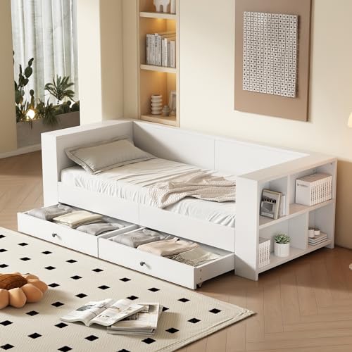 Jovify Funktionsbett 90 x 200 cm mit 2 Schubkästen und Ablagefächern, Modernes Einzelbett Kinderbett Tagesbett Gästebett, Praktisches Jugendzimmer Kojenbett in Weiß - 240 x 75 x 99,5 cm (B/H/T) von Jovify