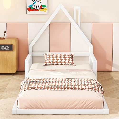Jovify Kinderbett 90x200 cm Bodentief Hausbett Bodenbett mit Rausfallschutz und Lattenrost, Schornsteinform Design, Bettgestell Flachbetten Haus Kinder Bett Jugendbett Einzelbett, ohne Matratze, Weiß von Jovify