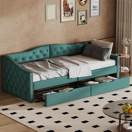Jovify Polsterbett mit 2 Schubladen 90x200 cm, Schlafsofa Tagesbett mit Lattenrost, Einzelbett Stauraumbett Gästebett Daybett Kinderbett Sofabett Jugendbett Bettgestell, Leinen, Ohne Matratze, Grün Jovify Polsterbett mit 2 Schubladen 90x200 cm, Schlafsofa Tagesbett mit Lattenrost, Einzelbett Stauraumbett Gästebett Daybett Kinderbett Sofabett Jugendbett Bettgestell, Leinen, Ohne Matratze, Grün von Jovify