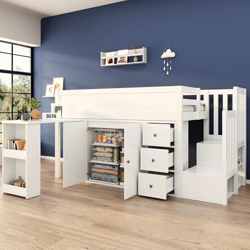 Kinderbett 90x200, Hochbett mit Schreibtisch,Schubladen,Stauschrank und Treppe, Holzbett mit Rausfallschutz&Lattenrost,Einzelbett Jugendbett Funktionsbett Stauraumbett Bettgestell,ohne Matratze,Weiß von Jovify