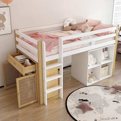 Kinderbett 90x200, Hochbett mit Schubladen, Aufbewahrungsschrank und Stauschrank, Holzbett mit Lattenrost & Rausfallschutz, Einzelbett Jugendbett Funktionsbett Stauraumbett, ohne Matratze, Natur+Weiß Kinderbett 90x200, Hochbett mit Schubladen, Aufbewahrungsschrank und Stauschrank, Holzbett mit Lattenrost & Rausfallschutz, Einzelbett Jugendbett Funktionsbett Stauraumbett, ohne Matratze, Natur+Weiß von Jovify