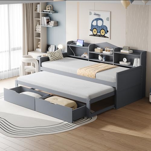 Kinderbett 90x200 Tagesbett Schlafsofa mit Ausziehbett&Staufach&Ablagekorb&Schubladen&USB-Ladefunktion, Funktionsbett Gästebett Stauraumbett Jugendbett Bettgestell mit Lattenrost, ohne Matratze, Grau von Jovify