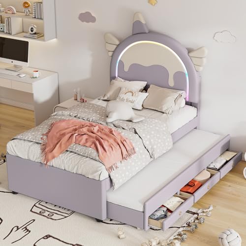 Kinderbett 90x200 mit Ausziehbett und 3 Schubladen, LED Polsterbett mit Einhornform Kopfteil, Gepolstertes Bett mit Lattenrost, Einzelbett Jugendbett Rückenlehne Bettgestell, PU, ohne Matratz, Lila Kinderbett 90x200 mit Ausziehbett und 3 Schubladen, LED Polsterbett mit Einhornform Kopfteil, Gepolstertes Bett mit Lattenrost, Einzelbett Jugendbett Rückenlehne Bettgestell, PU, ohne Matratz, Lila von Jovify