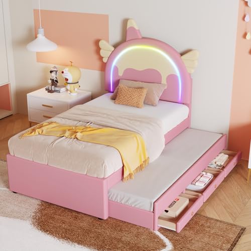Kinderbett 90x200 mit Ausziehbett und 3 Schubladen, LED Polsterbett mit Einhornform Kopfteil, Gepolstertes Bett mit Lattenrost, Einzelbett Jugendbett Rückenlehne Bettgestell, PU, ohne Matratz, Rosa Kinderbett 90x200 mit Ausziehbett und 3 Schubladen, LED Polsterbett mit Einhornform Kopfteil, Gepolstertes Bett mit Lattenrost, Einzelbett Jugendbett Rückenlehne Bettgestell, PU, ohne Matratz, Rosa von Jovify