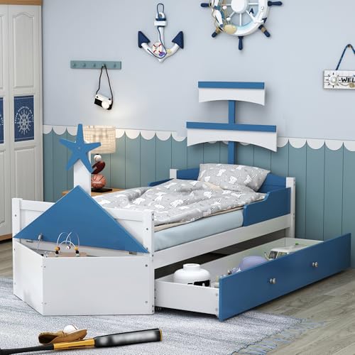 Kinderbett 90x200 mit Stauschrank und 2 Schubladen, Massivholz Bettrahmen im Segelschiff-Design mit Lattenrost, Einzelbett Holzbett Stauraumbetten Jugendbett für Jungen Mädchen, ohne Matratze, Blau von Jovify