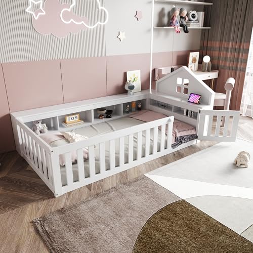 Kinderbett Bodenbett 90x200 mit Rausfallschutz&Lattenrost, Montessori Bett mit reichlich Staufächern&Tür, Massivholz Hausbett Einzelbett Holzbett Gitterbett Bettgestell Spielbett, Ohne Matratze, Weiß Kinderbett Bodenbett 90x200 mit Rausfallschutz&Lattenrost, Montessori Bett mit reichlich Staufächern&Tür, Massivholz Hausbett Einzelbett Holzbett Gitterbett Bettgestell Spielbett, Ohne Matratze, Weiß von Jovify