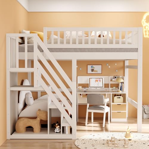 Kinderbett Etagenbett 140x200 cm, Hochbett mit Treppe und Stauschrank, Multifunktionsbett Doppelbett Stockbett Spielbett Kinderhochbett Jugendhochbett mit Lattenrost, Massivholz, Ohne Matratze, Weiß Kinderbett Etagenbett 140x200 cm, Hochbett mit Treppe und Stauschrank, Multifunktionsbett Doppelbett Stockbett Spielbett Kinderhochbett Jugendhochbett mit Lattenrost, Massivholz, Ohne Matratze, Weiß von Jovify