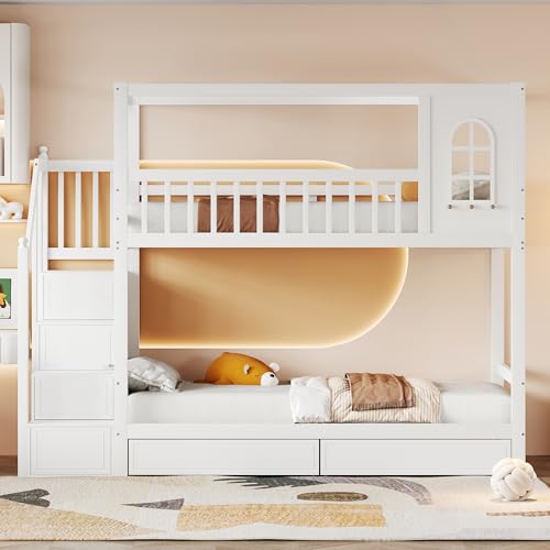 Kinderbett Etagenbett 90x200, Hochbett für 2 Kinder, Hausbett mit Treppe und Stauraum&2 Schubladen, Massivholz Doppelbett Stockbett Bettgestell mit Rausfallschutz&Lattenrost,Kiefer,Ohne Matratze,Weiß Kinderbett Etagenbett 90x200, Hochbett für 2 Kinder, Hausbett mit Treppe und Stauraum&2 Schubladen, Massivholz Doppelbett Stockbett Bettgestell mit Rausfallschutz&Lattenrost,Kiefer,Ohne Matratze,Weiß von Jovify