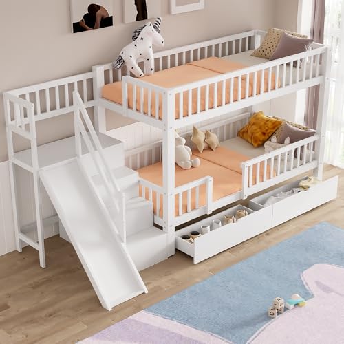 Kinderbett Etagenbett 90x200, Hochbett mit Treppe und Rutsche,Doppelbett mit Schubladen und Schließfach,Funktionsbett Spielbett Stockbett Jugendbett mit Rausfallschutz & Lattenrost,Ohne Matratze,Weiß Kinderbett Etagenbett 90x200, Hochbett mit Treppe und Rutsche,Doppelbett mit Schubladen und Schließfach,Funktionsbett Spielbett Stockbett Jugendbett mit Rausfallschutz & Lattenrost,Ohne Matratze,Weiß von Jovify