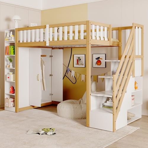 Kinderbett Etagenbett 90x200, Hochbett mit Treppe & Stauschrank & Kleiderschrank, Holzbett Stauraumbett Stockbett Funktionsbett Jugendhochbett mit Lattenrost & Rausfallschutz,Ohne Matratze,Weiß+Natur Kinderbett Etagenbett 90x200, Hochbett mit Treppe & Stauschrank & Kleiderschrank, Holzbett Stauraumbett Stockbett Funktionsbett Jugendhochbett mit Lattenrost & Rausfallschutz,Ohne Matratze,Weiß+Natur von Jovify