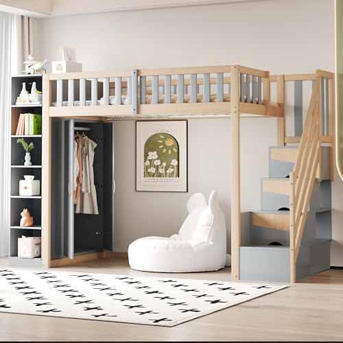 Kinderbett Etagenbett 90x200, Hochbett mit Treppe & Stauschrank & Kleiderschrank, Holzbett Stauraumbett Stockbett Funktionsbett Jugendhochbett mit Lattenrost & Rausfallschutz,Ohne Matratze,Grau+Natur Kinderbett Etagenbett 90x200, Hochbett mit Treppe & Stauschrank & Kleiderschrank, Holzbett Stauraumbett Stockbett Funktionsbett Jugendhochbett mit Lattenrost & Rausfallschutz,Ohne Matratze,Grau+Natur von Jovify