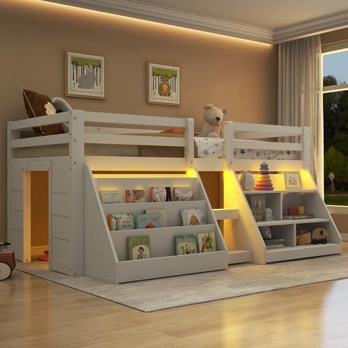 Kinderbett Halbhochbett 90x200 mit LED Beleuchtung, Einzelbett mit Treppe & Aufbewahrungsschrank, Stauraumbett Holzbett Funktionsbett Jugendbett mit Rausfallschutz & Lattenrost, Weiß, ohne Matratze Kinderbett Halbhochbett 90x200 mit LED Beleuchtung, Einzelbett mit Treppe & Aufbewahrungsschrank, Stauraumbett Holzbett Funktionsbett Jugendbett mit Rausfallschutz & Lattenrost, Weiß, ohne Matratze von Jovify