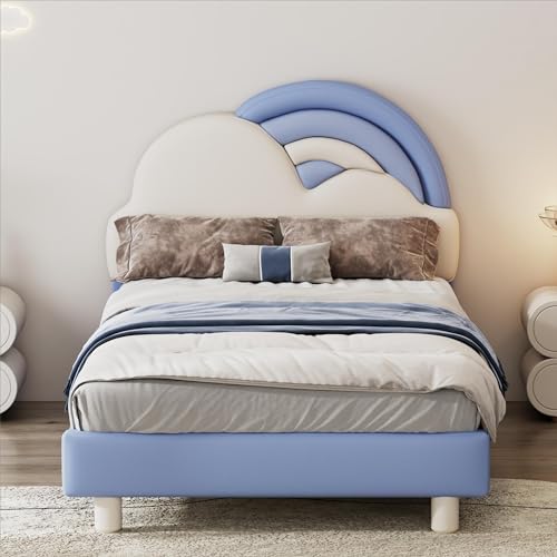 Kinderbett Polsterbett 90x200 cm, Bettgestell für Jungen Mädchen, Einzelbett mit Lattenrost und Rückenlehne, Gepolstertes Bett Jugendbett mit Regenbogenwolken-Kopfteil, PU-Leder, ohne Matratze, Blau von Jovify