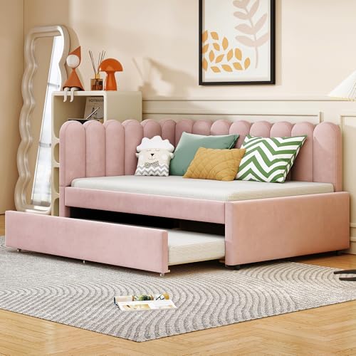 L-förmiges Polsterbett 140x200 cm, Tagesbett Schlafsofa mit geblümter Rückenlehne & Ausziehbett & Lattenrosten, Doppelbett Sofabett Jugendbett Gästebett Bettgestell, Samtstoff, Ohne Matratze, Rosa L-förmiges Polsterbett 140x200 cm, Tagesbett Schlafsofa mit geblümter Rückenlehne & Ausziehbett & Lattenrosten, Doppelbett Sofabett Jugendbett Gästebett Bettgestell, Samtstoff, Ohne Matratze, Rosa von Jovify