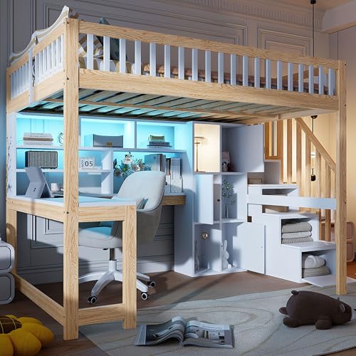 LED Hochbett 140x200 mit Schreibtisch&Bücherregal&Treppe&Stauschrank, Etagenbett mit Rausfallschutz&Lattenrost, Funktionsbett Holzbett Spielbett Kinderhochbett Jugendhochbett,ohne Matratze,Weiß+Natur von Jovify