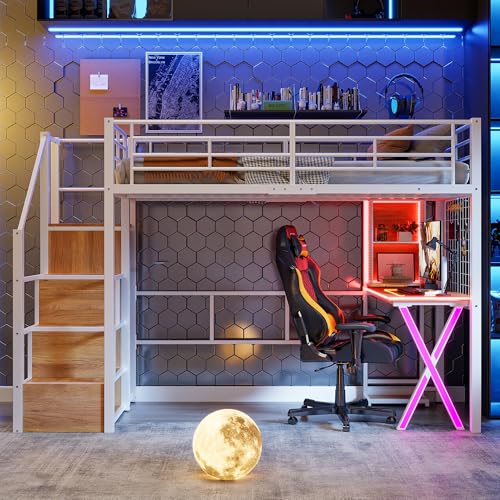 LED Hochbett 90x200 cm mit Schreibtisch, Bücherregal, Treppe und Kleiderschrank, Etagenbett mit Lattenrost, Funktionsbett Metallbett Spielbett Kinderhochbett Jugendhochbett, ohne Matratze, Weiß LED Hochbett 90x200 cm mit Schreibtisch, Bücherregal, Treppe und Kleiderschrank, Etagenbett mit Lattenrost, Funktionsbett Metallbett Spielbett Kinderhochbett Jugendhochbett, ohne Matratze, Weiß von Jovify