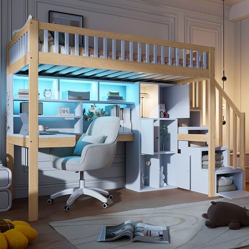LED Hochbett 90x200 mit Schreibtisch&Bücherregal&Treppe&Stauschrank, Etagenbett mit Rausfallschutz&Lattenrost, Funktionsbett Holzbett Spielbett Kinderhochbett Jugendhochbett, ohne Matratze,Weiß+Natur LED Hochbett 90x200 mit Schreibtisch&Bücherregal&Treppe&Stauschrank, Etagenbett mit Rausfallschutz&Lattenrost, Funktionsbett Holzbett Spielbett Kinderhochbett Jugendhochbett, ohne Matratze,Weiß+Natur von Jovify