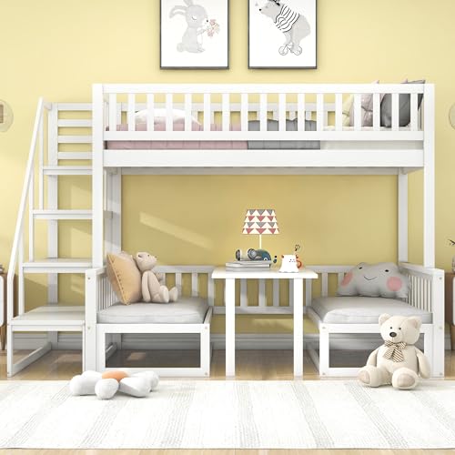 Platzsparendes Etagenbett 90x200cm+120x200cm, Hochbett mit Flexibler Tisch und Holzsofa, Kinderbetten mit Treppe,Lattenrost und Rausfallschutz, Funktionsbett Stockbett Jugendbett, ohne Matratze, Weiß von Jovify