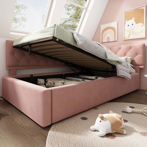 Polsterbett 90x190 cm, Einzelbett Tagesbett mit Hydraulischer Stauraum, Stauraumbett Kinderbett Jugendbett Daybett Gästebett Schlafsofa Bettgestell mit Lattenrost aus Holz, Ohne Matratze, Samt, Rosa Polsterbett 90x190 cm, Einzelbett Tagesbett mit Hydraulischer Stauraum, Stauraumbett Kinderbett Jugendbett Daybett Gästebett Schlafsofa Bettgestell mit Lattenrost aus Holz, Ohne Matratze, Samt, Rosa von Jovify