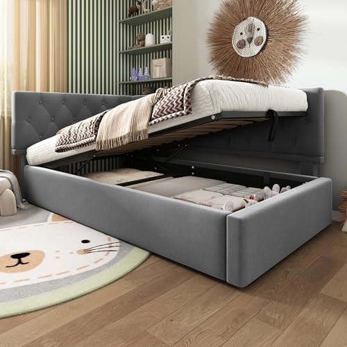 Polsterbett 90x200 cm, Einzelbett Tagesbett mit Hydraulischer Stauraum, Stauraumbett Kinderbett Jugendbett Daybett Gästebett Schlafsofa Bettgestell mit Lattenrost aus Holz, Ohne Matratze, Samt, Grau Polsterbett 90x200 cm, Einzelbett Tagesbett mit Hydraulischer Stauraum, Stauraumbett Kinderbett Jugendbett Daybett Gästebett Schlafsofa Bettgestell mit Lattenrost aus Holz, Ohne Matratze, Samt, Grau von Jovify