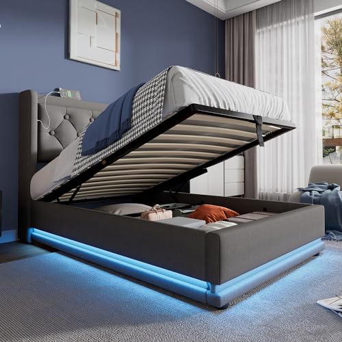 Polsterbett 90x200 cm, LED Einzelbett mit Stauraum und Lattenrost, Kopfteil mit USB Typ C Ladefunktion, Hydraulisch Stauraumbett Funktionsbett Jugendbett Rückenlehne Bettgestell, Grau, Ohne Matratze von Jovify