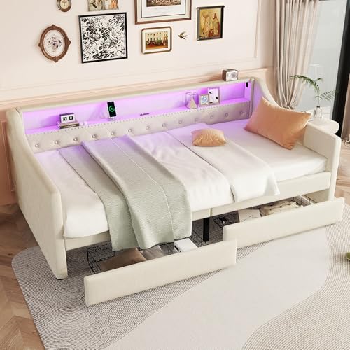 Polsterbett 90x200 mit 2 Schubladen, Schlafsofa Bett mit LED-Beleuchtung & Ablagefächern & Ladestation,Tagesbett Funktionsbett Bettsofa Gästebett Jugendbett mit Lattenrost, Linen, Ohne Matratze,Beige von Jovify