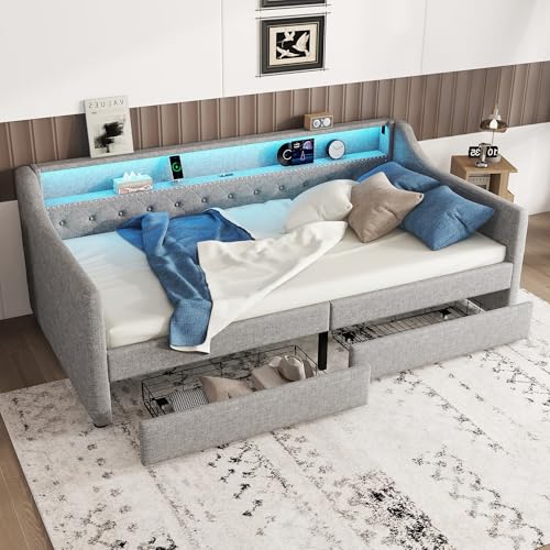 Polsterbett 90x200 mit 2 Schubladen, Schlafsofa Bett mit LED-Beleuchtung & Ablagefächern & Ladestation,Tagesbett Funktionsbett Bettsofa Gästebett Jugendbett mit Lattenrost, Linen, Ohne Matratze, Grau von Jovify