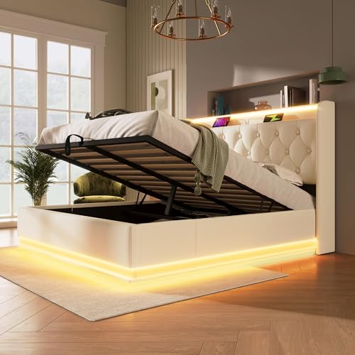 Polsterbett Doppelbett 140x200, LED Kopfteil Bett mit USB Typ-C Ladefunktion, Hydraulisch Stauraumbett Jugendbett Funktionsbett Bettgestell mit LED Beleuchtung & Lattenrost, PU, Ohne Matratze, Weiß von Jovify