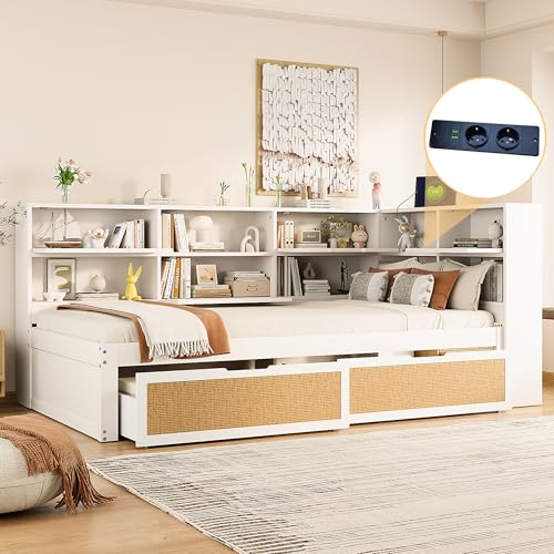 Tagesbett Kinderbett 90x200 Massivholz Schlafsofa mit Staufach&Schubladen&USB-Ladefunktion, Funktionsbett Einzelbett Gästebett Stauraumbett Jugendbett Bettgestell mit Lattenrost, ohne Matratze, Weiß von Jovify