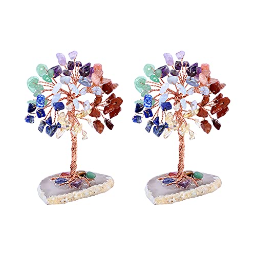 Jovivi 2 Stück Mini Kristallbäume mit Achat Base Geldbaum Trommelsteine Wire Wrap Lebensbaum Glücksbaum Feng Shui Dekoration von Jovivi