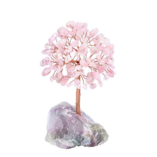 Jovivi Rosenquarz Kristalle Baum Geld Feng Shui Edelstein Baum des Lebens Ornament mit Fluorit Stein Ständer für Glück Reichtum Chakra Stein Heilkristalle Baum Weihnachten Heimdekoration Geschenke von Jovivi