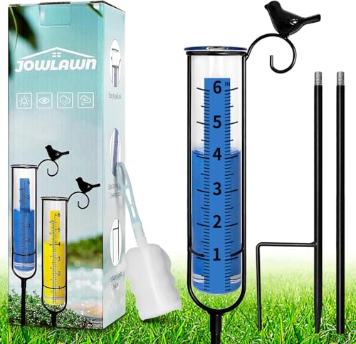 Jowlawn 15.2 cm Kapazität Regenmesser für den Außenbereich, abnehmbare Glas-Regenmesser mit L-förmigem Metallpfahl – Vogel-Regenmesser aus Gusseisen mit Rohrbürste, Garten, Zaundekoration von Jowlawn
