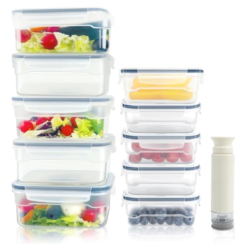 Jowque Frischhaltedosen mit Deckel Set,Auslaufsicher Wieder Verwendbare Meal Prep Boxen mit Datumsanzeige und Pumpe,Stapelbar 100% Frische Luftdicht für mikrowellen (5x 1000ml+5x 500ml-blau) von Jowque