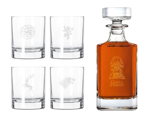 Game of Thrones Whiskey Set mit 4 Whiskeygläser und Whiskeyflasche mit Gravur - in hochwertiger Geschenkverpackung von Joytoy