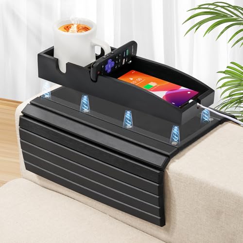 Joy&Grace Couch-Getränkehalter, 3-in-1 magnetisches abnehmbares Couch-Armlehnentablett, Bambus-Sofa-Armlehnentisch mit Anti-Rutsch-Pad, Sofa-Armlehnentabletttisch (schwarz) von Joy&Grace