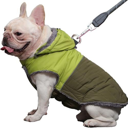 JoyDaog Abnehmbarer Hundemantel mit Kapuze und Geschirr für mittelgroße Hunde, super warme Fleece-Welpenjacke für kalte Wintermäntel, Grün, Größe XL von JoyDaog