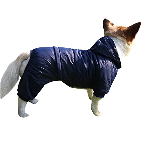 JoyDaog Hundemantel mit Fleece-Futter und abnehmbarer Kapuze und abnehmbaren Hinterbeinen, warme Welpenjacke im Winter (Blau M) von JoyDaog