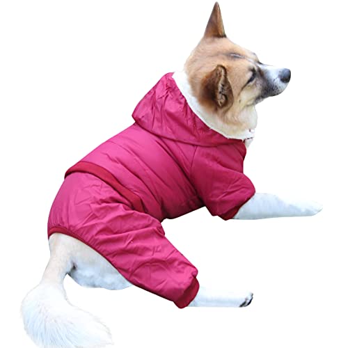 JoyDaog Hundemantel mit Fleece-Futter und abnehmbarer Kapuze und abnehmbaren Hinterbeinen, warme Welpenjacke im Winter (rot, L) von JoyDaog