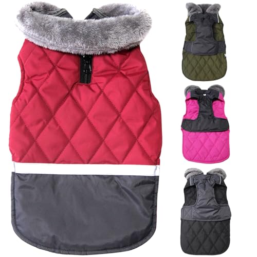 JoyDaog Hundemantel mit Fleece-Kragen, wendbar, für kleine Hunde, wasserdicht, warm, Welpenjacke für kalten Winter, Größe S, Rot von JoyDaog