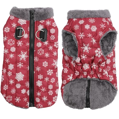 JoyDaog Warmer Fleece-Hundemantel mit strapazierfähigem Geschirr und integriertem D-Ring, wasserdichte Welpenjacke für kleine Hunde, Hundeweste für den kalten Winter, Rot, Schneemuster, Größe M JoyDaog Warmer Fleece-Hundemantel mit strapazierfähigem Geschirr und integriertem D-Ring, wasserdichte Welpenjacke für kleine Hunde, Hundeweste für den kalten Winter, Rot, Schneemuster, Größe M von JoyDaog