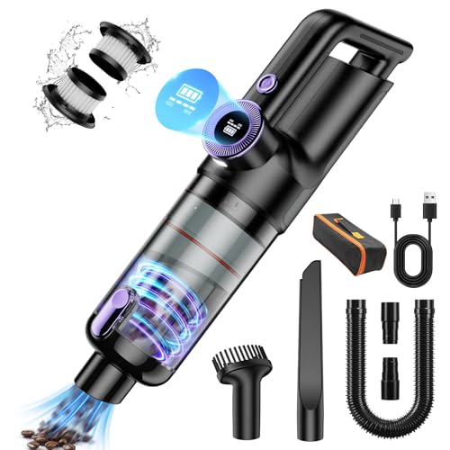 Akku Handstaubsauger, 20Kpa USB aufladbar Tragbar Leicht Mini Staubsauger, Auto-Staubsauger mit Bürstenloser Motor und LED-Licht, 2 HEPA, Nass & Trocken Handsauger, für Auto Outdoor Haus (Lila) von JoyFan