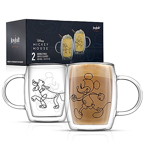 JoyJolt Aroma Disney Mickey und Pluto 383 ml Glasbecher-Set 2 isolierte doppelwandige Glaskaffeetassen, isolierte Kaffeetassenset, große Espressotassen, Disney Tassen und Disney Tassen von JoyJolt