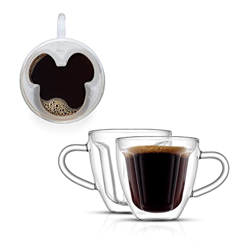 JoyJolt Disney Mickey Mouse 3D-Espressotassen, 153 ml, Glas, 2 Stück, isoliertes doppelwandiges Design, einzigartige Kaffeetassen von JoyJolt