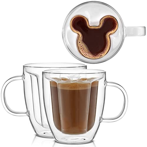JoyJolt Disney Mickey Mouse 3D Kaffeetassen 10 oz Glasbecher 2er Set Isolierte Doppelwand Glas Kaffeetassen mit 3D Design Isolierte Kaffeetassen Set Einzigartige Kaffeetassen Espresso und Disney von JoyJolt