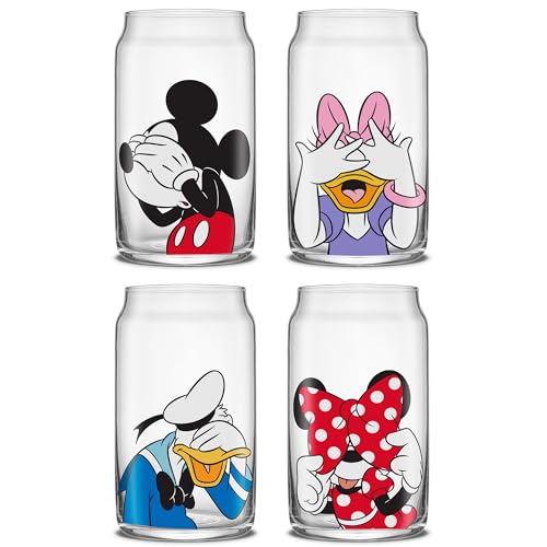 JoyJolt Disney Mickey Mouse & Friends Peek-a-Boo Kollektion Trinkgläser, 473,6 g Dosenform Tumbler Set, 4 Stück mit Glasstrohhalmen, Disney Geschenke, Mickey Maus Gläser von JoyJolt