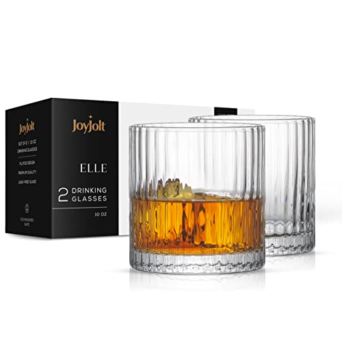 JoyJolt ELLE Whiskeygläser, geriffelt, 284 ml, kurze Trinkgläser, 2 gerippte Scotch-Gläser, Gin- und Tonic-Gläser, Cocktailgläser, Saftgläser und Wassergläser, Vintage-Stil von JoyJolt