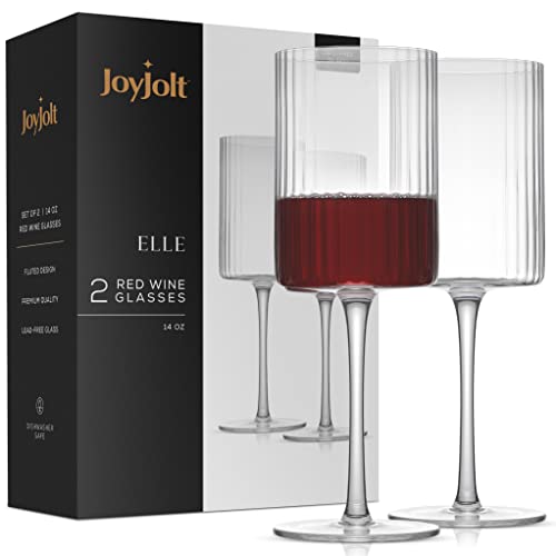 JoyJolt Elle Weingläser, geriffelt, 500 ml, Rot, Set mit 2 großen Gläsern mit langem Stiel. Einzigartiges Glas mit Stiel oder Cocktail, Vintage-Stil von JoyJolt