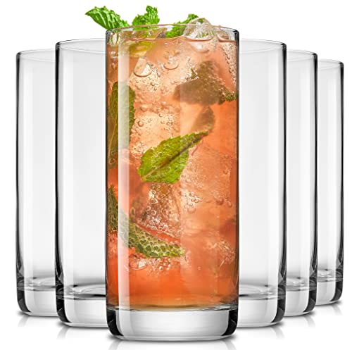 JoyJolt Faye Longdrinkgläser, 370 ml, 6-teiliges Set, bleifreie Kristall-Trinkgläser, Wassergläser, Mojito-Glasbecher, Tom Collins Bar-Gläser und Cocktailglas-Set für gemischte Getränke von JoyJolt